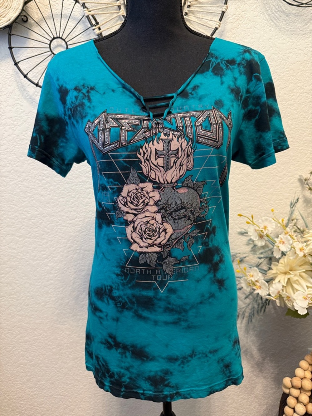 Affliction Women’s Embellished Teal Tie-Dye w/ Cutout Back Short Sleeve Top - M